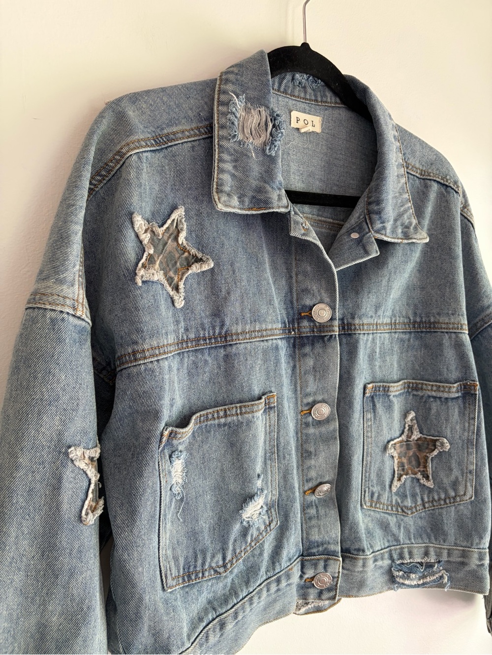 POL Animal Print Star Patch Distressed Denim Jacket Size S - Picture 2 of 7